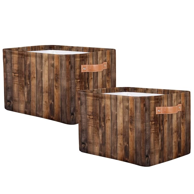 Rustic Wooden Board Storage Baskets for Organizing, Fabric Collapsible Storage Bins Box Retro Decorative Toy Organizer Baskets for Closet Shelves Gift Basket 2Pcs