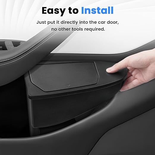 Canvcle Front Door Trash Can for 2025 2026 New Tesla Model Y Juniper Accessories, Door Side Storage Box Organizer Front Seat Door Garbage Bin with Push-Open Lid, Hidden Storage Organizer Black 2PCS