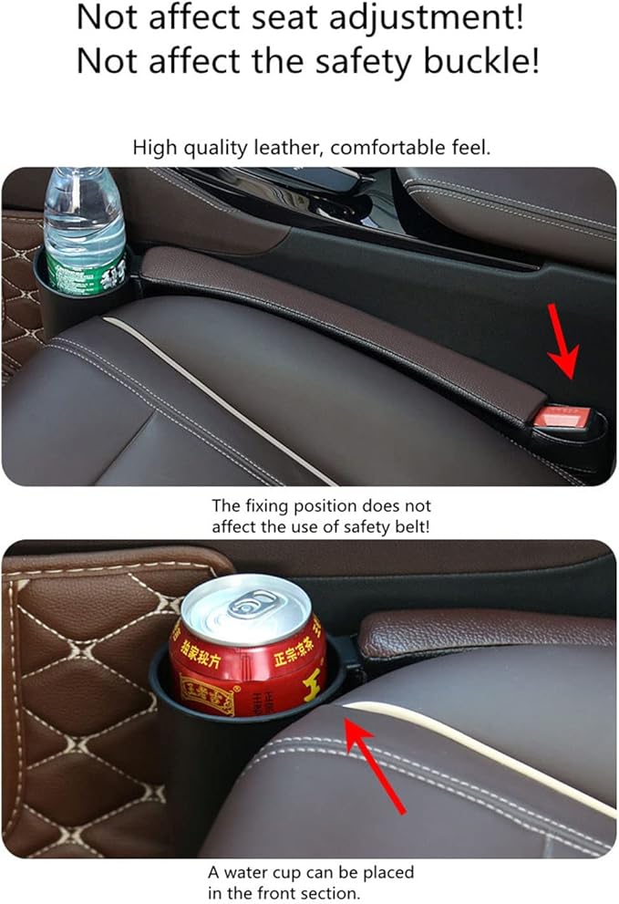 Tumecos Car Seat Gap Filler Pad PU Leather Console Side Pocket Organizer with One Cup Holder for Cellphone Wallet Coin Key 2 Pcs (Black+Beige Surface)
