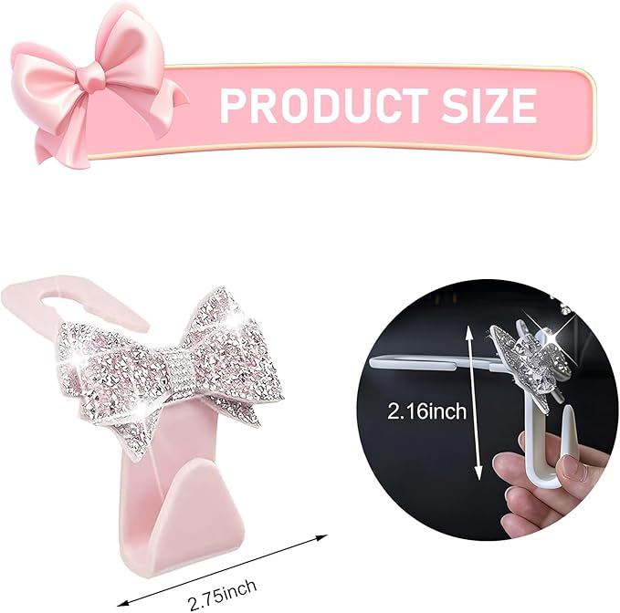 2 PCS Bling Car Seat Headrest Hooks, S Type Crystal Rhinestone Bow Vehicle Seat Back Storage Hooks for Purses Bags Groceries, Universal Diamond Car Rear Seat Organizer (Pink)