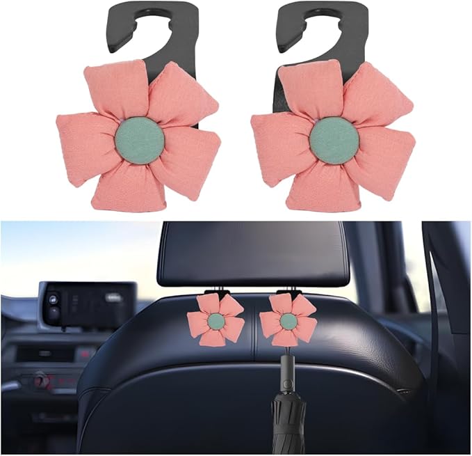 Car Seat Headrest Hooks, 2PCS Cute Flower Vehicle Seat Back Organizer Holder for Purses Bags Grocery, Automotive Interior Storage Hanger Decoration Accessories, Universal Fit (Black/Pink)