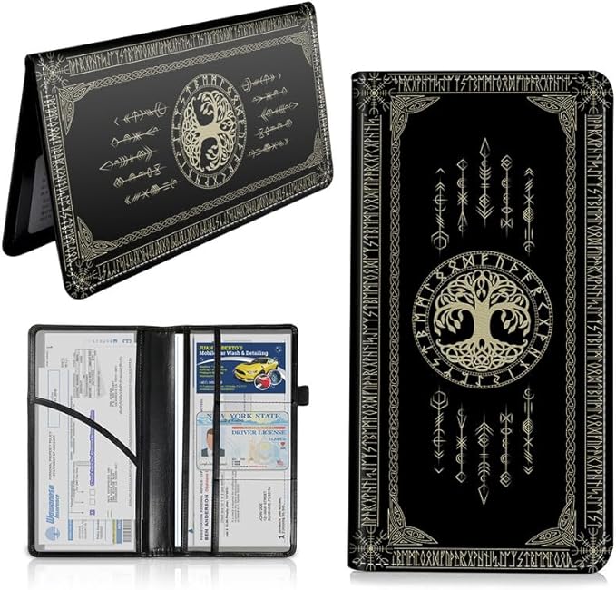 Car Registration and Insurance Card Holder, Vehicle License Documents Glove Box Compartment Organizer Wallet, ID Card Holder for Car Essentials Automobile, Norse Mythology Viking