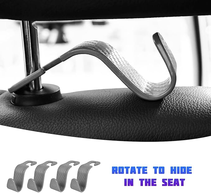 Car Seat Headrest Hooks, 4PCS Carbon Fiber Vehicle Back Seat Storage Hanger Holder for Hangbag Coat Grocery, Automotive Interior Headrest Hook Organizer, Universal for Vehicles (Gray)