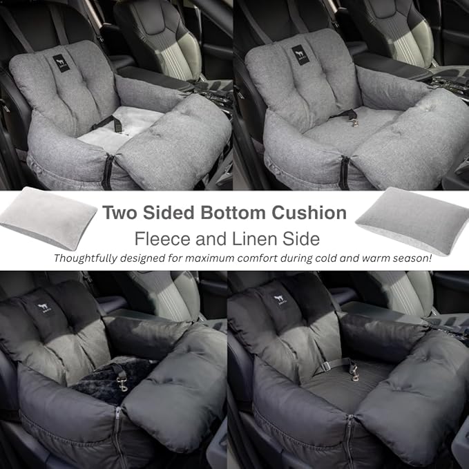 JACKO & CO - Premium Dog Car Seat v2 Booster Seat for Small & Medium Pets Under 25lbs - Machine Washable w Removable Cover, Water Resistant w Clip-On Leash for Front or Back Seat (Grey/Small (1-25lbs)