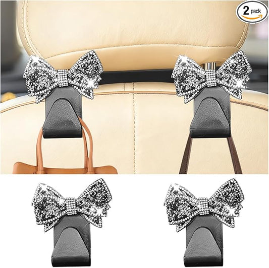 2PCS Bling Bow Car Seat Headrest Hook, Lovely Crystal Rhinestone Back Seat Storage Organizer for Handbag Purse Coat, Girly Sparkling Diamond Backseat Bag Hanger Holder, Universal Fit (Black)