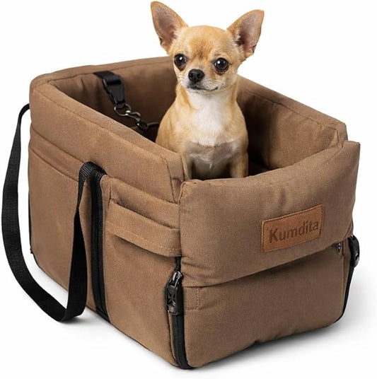 Kumdita Soft Console Dog Car Seat & Carrier for Extra Small Dogs (6–12 lbs). Cozy Center Console Pet Bed for Short Trips. Includes Safety Tether (Brown)