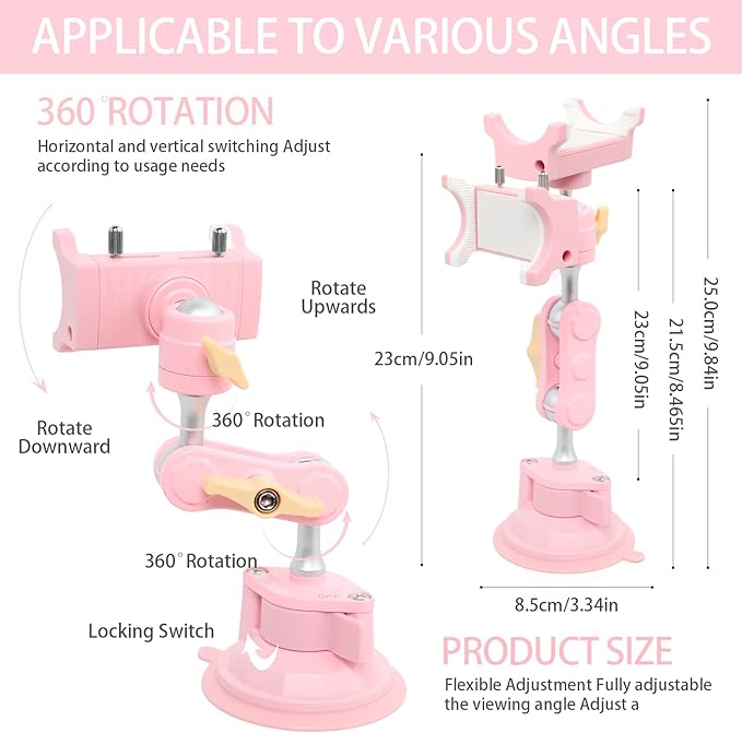 Suction Cup Phone Mount 360 Rotating Universal Ball Head Arm for Car Dashboard Windshield Vehicle Sunroof (1pc*Pink)
