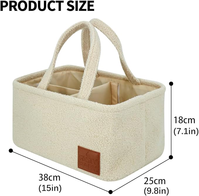 Baby Diaper Caddy Organizer: Soft Beige Teddy Wool - Portable Diaper Caddy, Car Organizer - Newborn Essentials Must Have - Nursery Storage Basket for Baby Essentials. Baby shower & Newborn Gift Idea