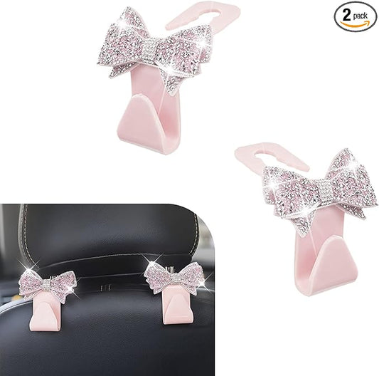 2 PCS Bling Bow Car Seat Headrest Hooks, S Type Crystal Seat Back Hangers, Universal Vehicle Storage Organizer for Handbag, Purse, Coat, Grocery Bags (Pink)