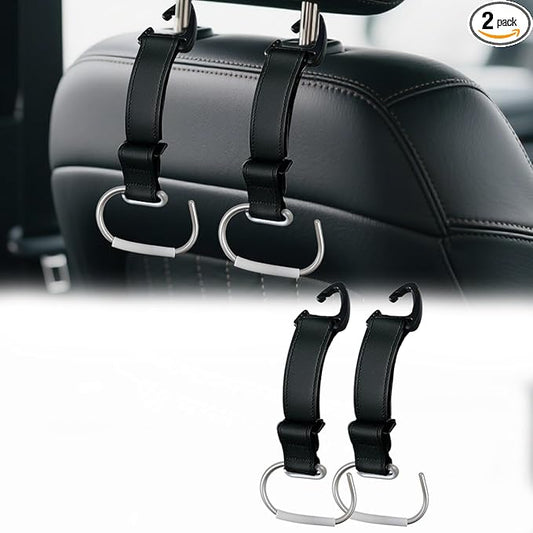 2Pcs Car Purse Hooks, Adjustable Leather Headrest Hooks for Car, Seat Back Organizer for Bags Purses (Black)
