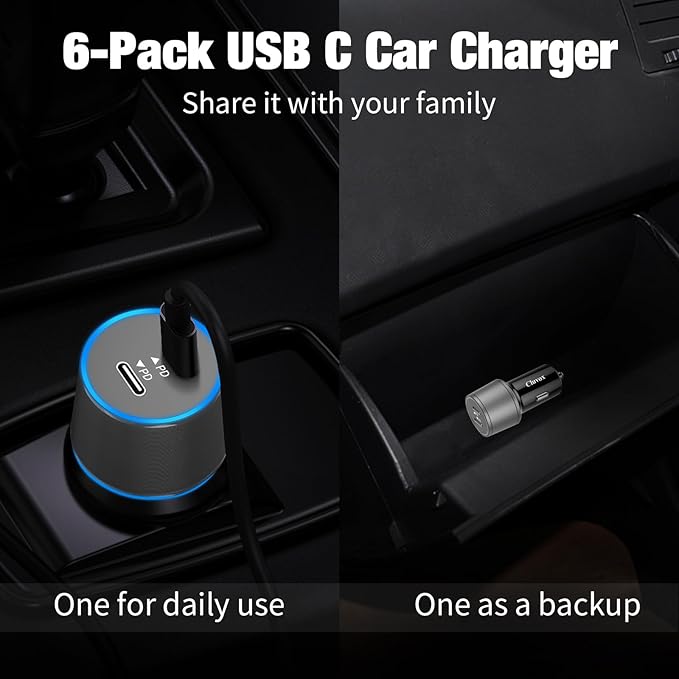 6 Pack 40W USB C Car Charger Fast Charging, Dual 20W Type C Port Cigarette Lighter Adapter, 12V USBC Plug Accessories Bundle for iPhone 17 16, Samsung Galaxy S26, Google Pixel 10 Android Phone- Grey