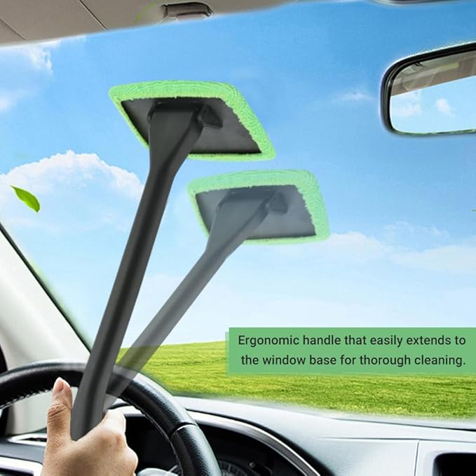 Windshield Cleaner Tool, Car Window Cleaner with Extendable Handle,5 Reusable Microfiber Pads,Windshield Cleaning Tool,Auto Glass Wiper for Car Detailing,Home Windows(Green)