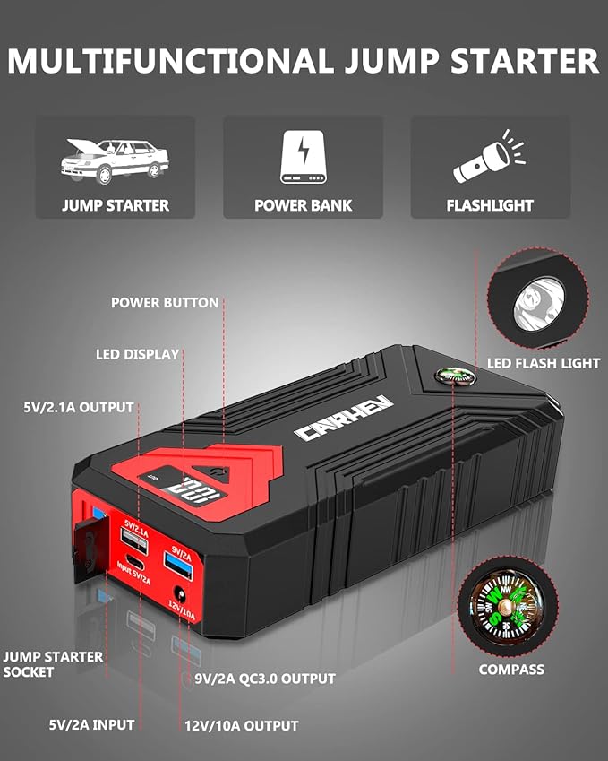 3000A Jump Starter, 24000mAh Car Battery Jump Starter (up to 8.0L Gas and 8.0L Diesel Engine) Battery Jumper Starter Portable, 12V Car Jumper Starter Portable with LED Light and USB QC 3.0