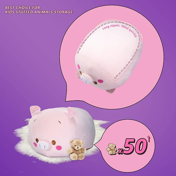 CUEBEAR Stuffed Animal Storage Bean Bag Chair Cover for Kids Pink Pig Plush Bean Bag Chair for Girls Large Size Toy Organizer Cover Only Without Filling