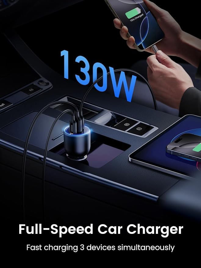 UGREEN 130W USB C Car Charger, PD 100W +PD 30W Type C Car Charger Adapter Compatible with iPhone 17/17 Air/17 Pro/17 Pro Max/16/15/14/13/12 Series, Galaxy S24 S23 Ultra, iPad, MacBook, and More