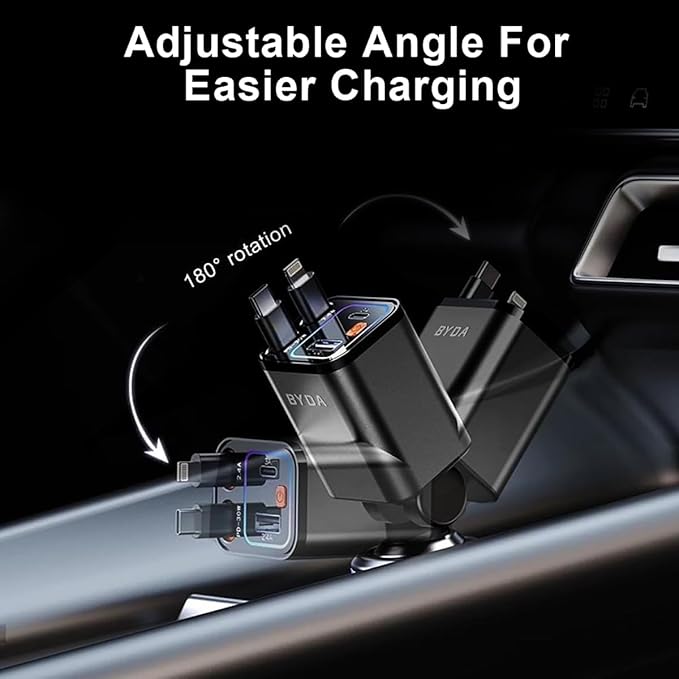 4 in 1 Retractable Car Charger with Starry Light,69W USB-C Fast Car Charger, for iPhone 17/16/15/14/13/12/11, Android,Pixel,Cigarette Lighter Charger (for Apple+Type C &RGB [Black])