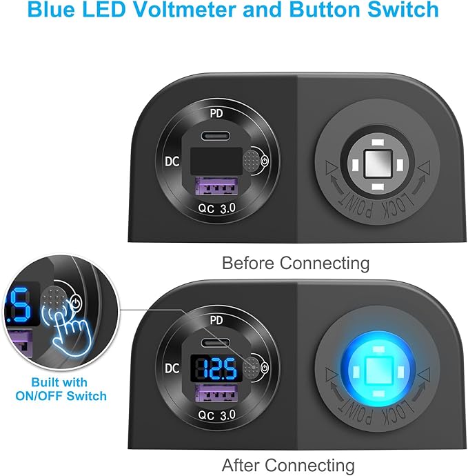 Tent Type Panel 12V USB Outlet Lighted Cigarette Lighter Socket, PD3.0 & QC3.0 Car USB Port Aluminum Charger with LED Voltmeter & Switch, Waterproof Power Panel Adapter DIY Kit for Car Boat Marine RV