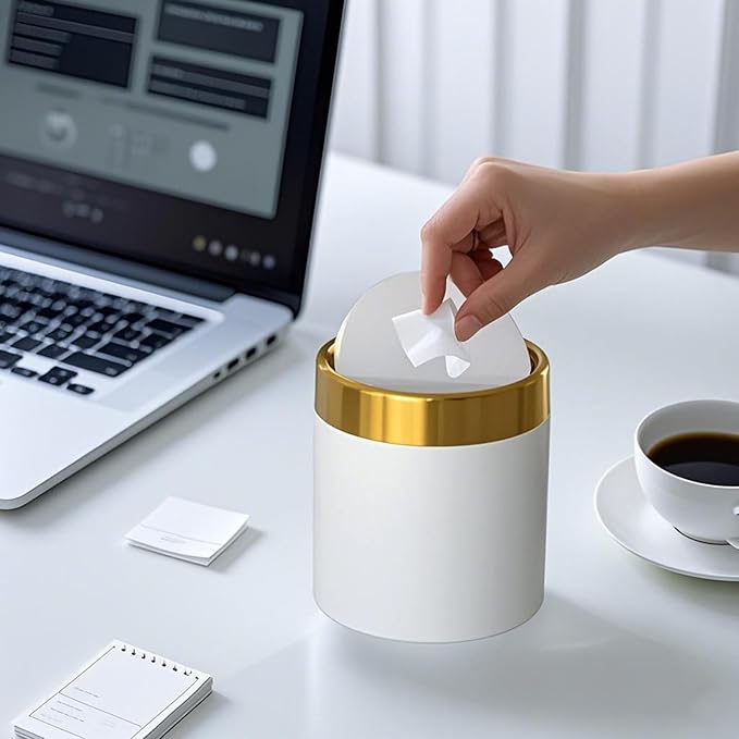 Mini Trash Can with Lid, 1.5 Liter / 0.4 Gallon Small Metal Desk Garbage Bin for Countertop, Coffee Bar, Vanity – White