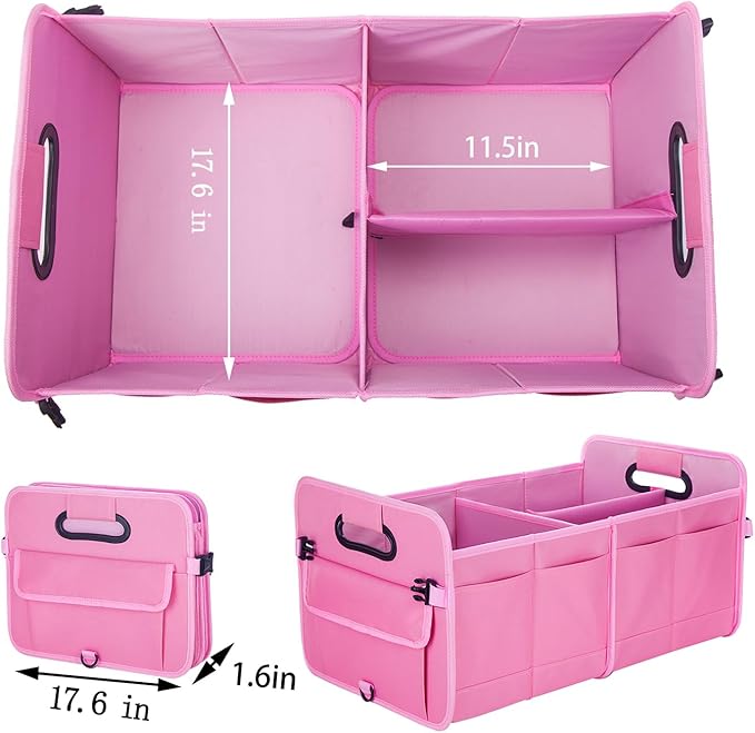 Trunk Organizer For Suv & Sedan,Car Organizers and Storage, Waterproof Collapsible & Adjustable Straps,70L Sturdy Car Organization for Car Accessories, Tools,Sundries,2-3 Compartment（Pink