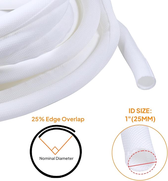 Self-Closing Split Braided Cable Organizer,Curly Cord Protector for Car High Temp Harness Sleeve/Computer Desk Audio Wire Covers (White 1"-22ft)