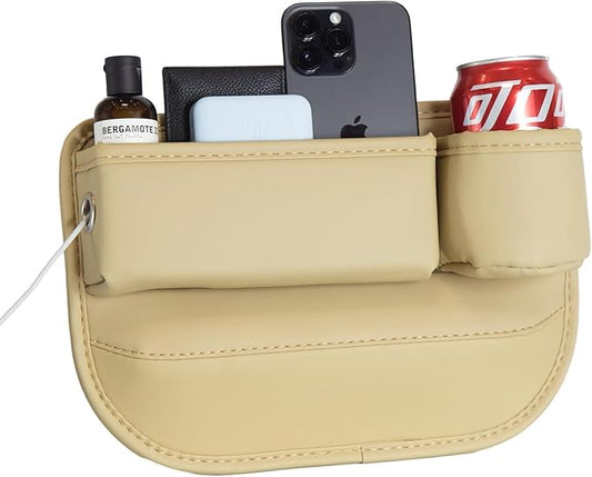 Car Seat Gap Filler Organizer with Cup Holders, Seat Gap Storage Box for Drinks, Phones, Keys, Sunglasses, Cards, and Small Essentials (Beige, Driver's Seat)
