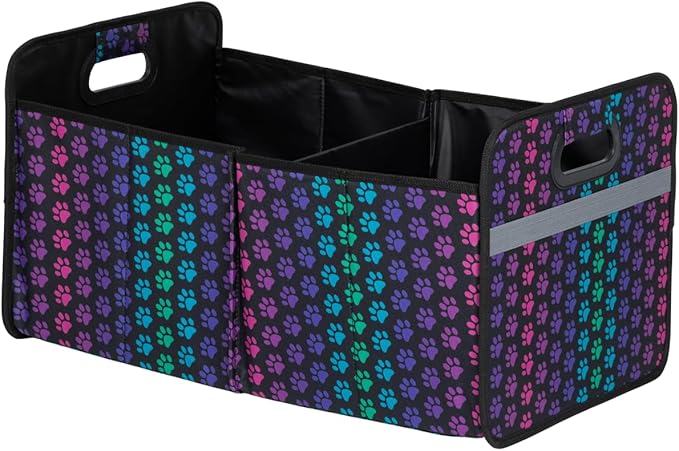 Paws Car Trunk Organizer Foldable Storage Bin with Handles Non Slip Base Pet Gear Travel Tote for SUV Truck (Rainbow Paws)