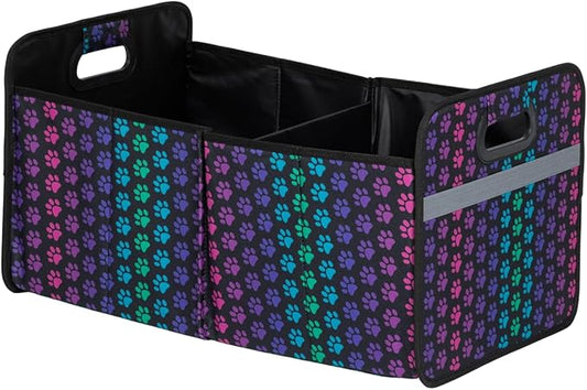 Paws Car Trunk Organizer Foldable Storage Bin with Handles Non Slip Base Pet Gear Travel Tote for SUV Truck (Rainbow Paws)