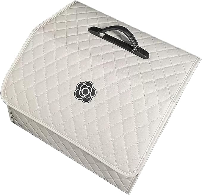 Tissting Car Storage Box PU Leather Trunk Suv Organizer with Lid, 33x31x29cm White Garage Cargo Organizer for Camping Picnic Shopping