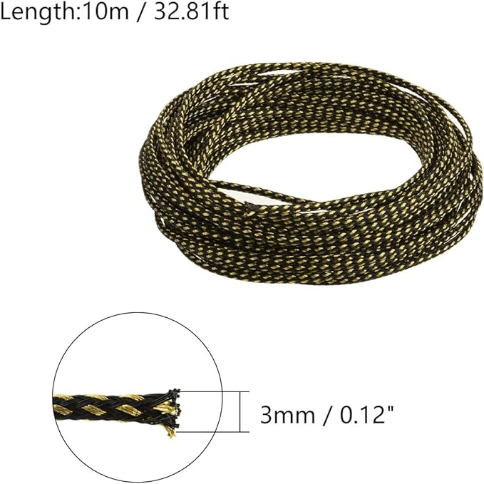 Aicosineg 32.81ft PET Flexible Braided Cable Sleeve 0.12inch Width Wire Loom Sleeving and Organizer Flexible Wire Mesh Sleeve Wrap Protector for TV Audio PC Cords from Pets Chewing Black and Gold