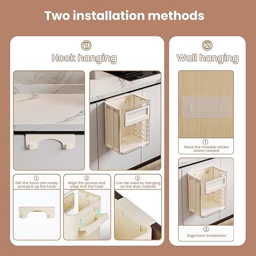 Folding Hanging Trash Can, Kitchen Folding Trash Can, Cabinet/Car/Bedroom/Bathroom Folding Hanging Small Plastic Trash Can (Off-White)