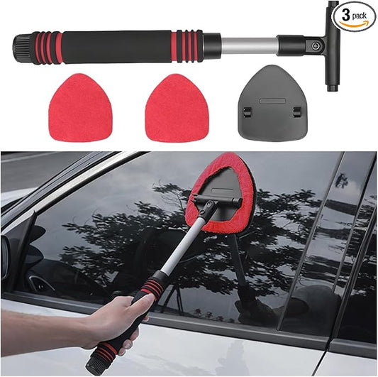 HZEL Car Windshield Cleaner Tool with Extendable Handle, Vehicle Glass Wiper Window Cleaning Tool with 2 Reusable Microfiber Pad, Auto Windscreen Detailing Cleaner Kit, Universal Fit (Triangle Red)