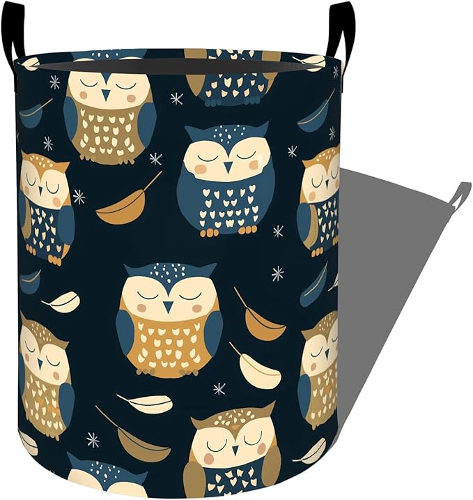 Cute Owl with Feathers Stars Pattern Laundry Basket with Handles, 19.7"x15.7" Clothes Foldable Laundry Hamper Organizer for Dorm Nursery Bedroom Bathroom Decor, Toy Storage Bin for Kids