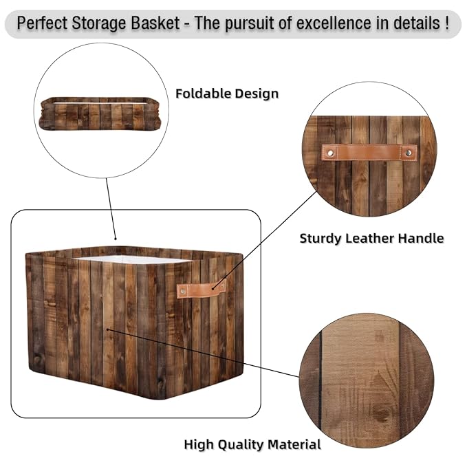Rustic Wooden Board Storage Baskets for Organizing, Fabric Collapsible Storage Bins Box Retro Decorative Toy Organizer Baskets for Closet Shelves Gift Basket 1 Pc