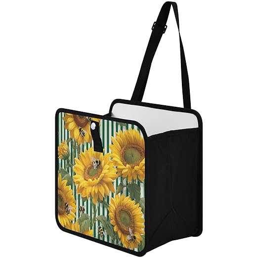 Car Trash Can Organizer Bin with Adjustable Strap for Back Front Seat Console Waterproof Leakproof Collapsible Portable 11 Inch Green Striped Sunflowers and Honey Bees