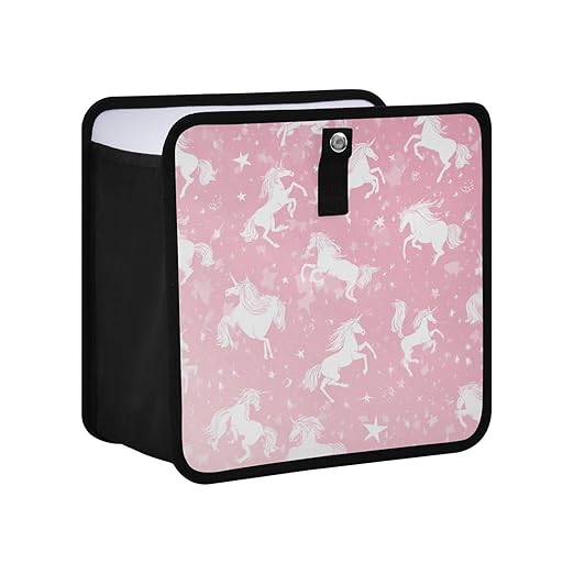Car Trash Can Organizer Bin with Adjustable Strap for Back Front Seat Console Waterproof Leakproof Collapsible Portable 8.66 Inch Pink Unicorns Silhouette and Stars