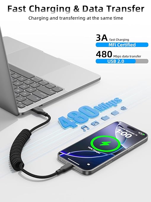 Quickeep Car Carplay Cable 3ft Coiled USB A to USB C Fast Charge Cord for iPhone 16/15/Plus/Pro Max/MacBook Pro, Auto Coiled Retractable iPhone Car Cord