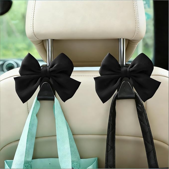2PCS Car Seat Headrest Hooks, Cute Bow Vehicle Backseat Storage Hanger for Handbag Umbrella Coat, Automotive Seat Back Hook Holder Organizer Decor, Universal for Vehicles (Black)