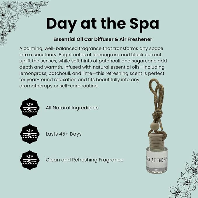 Day at the Spa Hanging Car Air Freshener – Long Lasting Essential Oil Diffuser for Car, Closet, Bathroom – 2-Pack Natural Scent Deodorizer for women and men.