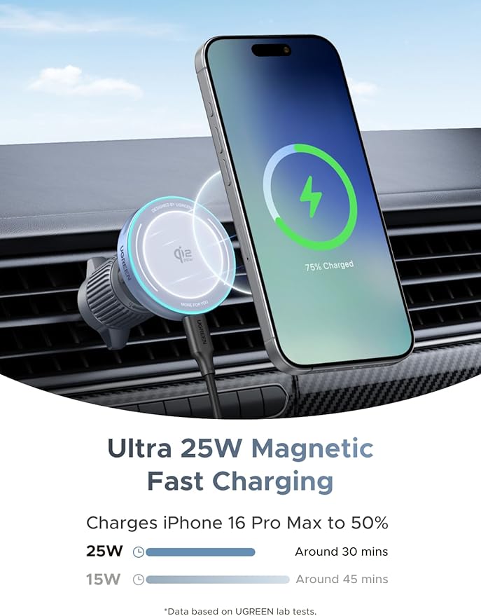 UGREEN 25W MagFlow Wireless Car Charger, MagSafe Qi2 Certified Fast Charging Cradle Mount for iPhone 17/16/15/14/13/12 Series, Air Vent Clip Secure Holder with USB-C Cable