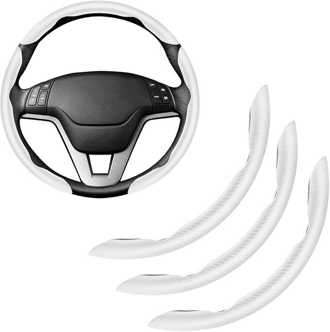Amiss 3pcs Carbon Fiber Anti-Skid Steering Wheel Cover, Waterproof & Segmented Butterfly Design, Universal 99% Vehicle Wheel Cover Protector, Car Interior Accessories (White-3pcs)