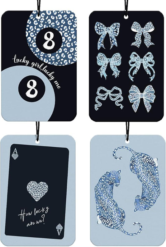 Retro Blue Leopard Car Air Freshener 4Pcs, Blue Black Cheetah Print Car Accessories Interior, Lucky 8 Ball Bows Girly Mirror Decor Hanging, Coquette Bows Air Freshener for Women Cars (Vanilla)