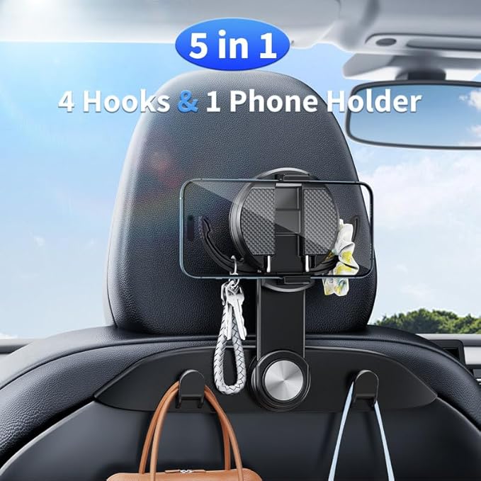 Tesla Model 3 Model Y Accessories 2024-2021,4 in 1 Car Seat Hooks & 720 Degrees Adjustable Phone Holeder for Car Seat (Clip Style)