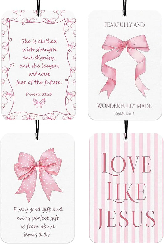 Pink Christian Car Air Freshener Hanging 4Pcs, Girly Coquette Bows Car Accessories Interior, Bible Verses Rearview Mirror for Cars, Cute Car Accessories Freshie for Women Girls (Lavender)