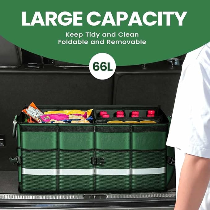 Car Trunk Organizer, Car Storage Organizer with Waterproof Bag Collapsible Multi Compartment Organizer for Car, Suv, Sedan, Truck, Aluminium Handle (Green, Large 66L)