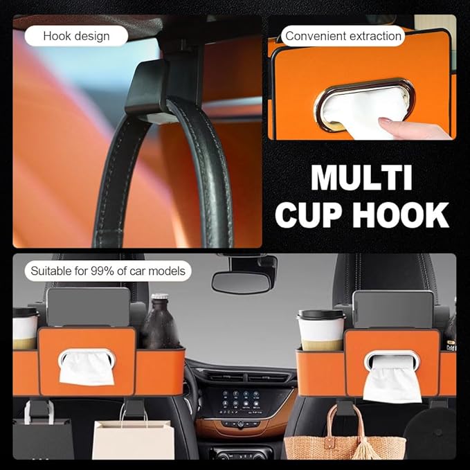 Cars Seat Back Bag, 2025 Upgrade Car Rear Backseat Extra Multifunctional Car Seat Back Storage Box, Multifunctional Car Seat Tissue Organizer with 2 Drink Cup Holder 2 Hooks (Orange)