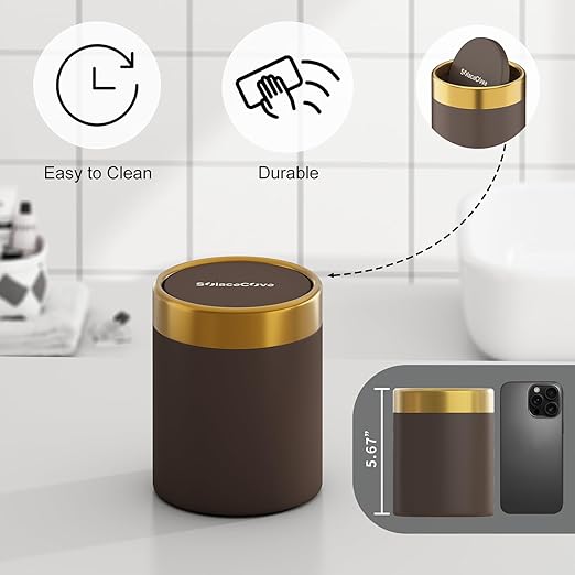 Countertop Trash Can with Lid for Desk Top,0.4 Gallon Stainless Steel Mini Trash Can for Desk、Car、Office、Kitchen,1.5L Swing Top Trash Bin with a Roll of Trash Bag(Brown)