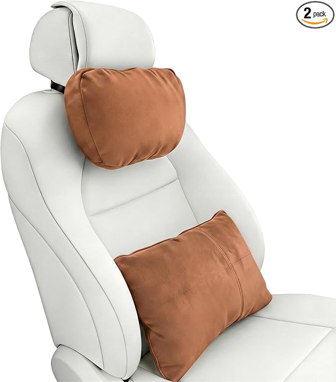 2PCS Car Pillow for Car Neck Pillow for Driving Seat Neck Support Soft Cushion Back Support Head-Rests for Vehicle Sleeping with Elastic Adjustment Strap (Brown, Head and Lumbar)
