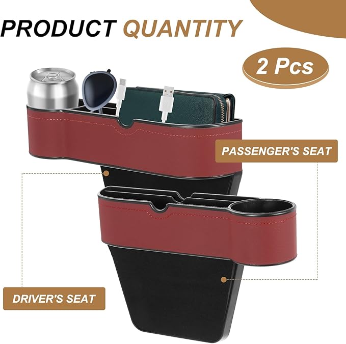 HARFINGTON 2pcs Car Seat Gap Filler Organizer 10.6 x 7.1 x 2.8 Inch ABS+Leather Universal Car Organizer Storage Box Between Seat and Console (Left+Right) with Cup Holders for Phone, Wine Red