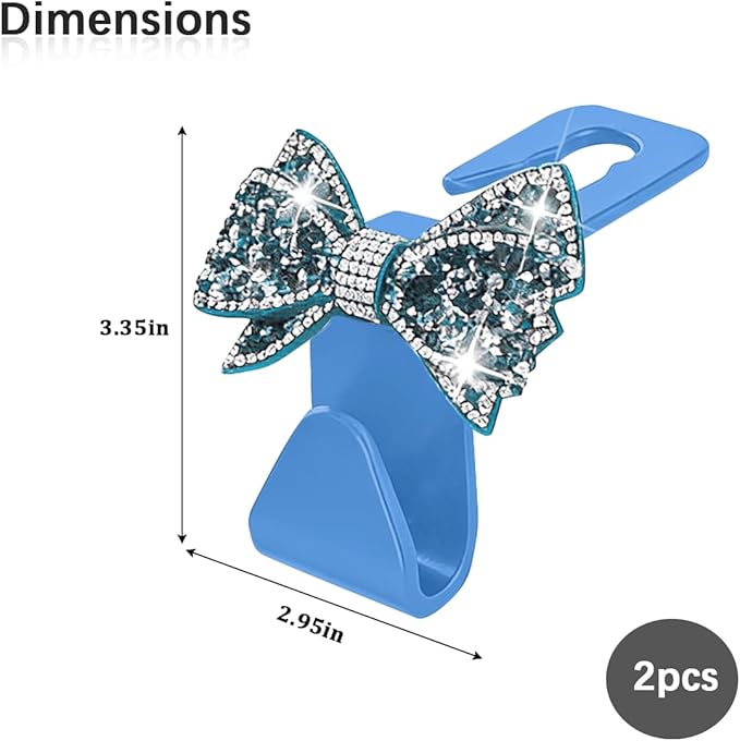 Zpana Bling Car Headreat Hook, 2PCS Crystal Rhinestone Cute Bow Vehicle Seat Back Hanger Storage for Purses Bags Grocery, Diamond Auto Rear Seat Organizer, Universal for SUV Truck Sedan (Light Blue)