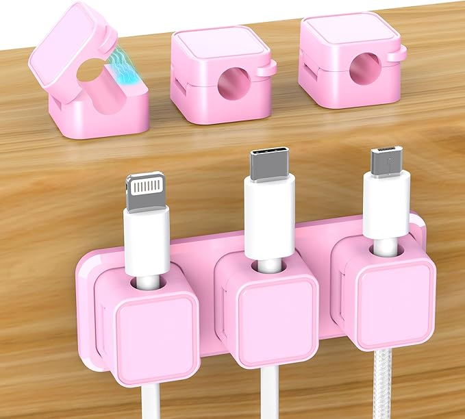 Magnetic Cable Organizer for Desk – Upgraded Wire Clips with Adhesive Base – Desktop Cord Holder for USB, Charging Cables – 6 Clips + 1 Magnetic Base (Pink)